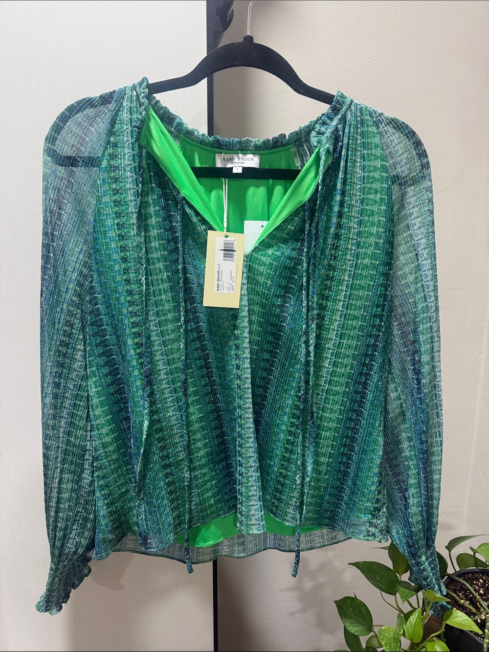 Ramy Brook Green Multi-Stripe Sheer Blouse